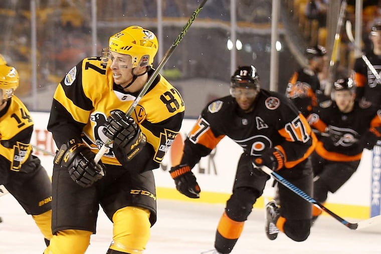 Pittsburgh center Sidney Crosby skates into the clear against the Flyers in a Stadium Series outdoor game at Heinz Field last season.