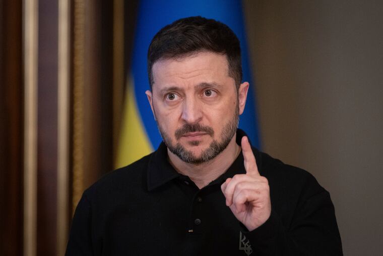 Ukrainian President Volodymyr Zelenskyy speaks during a briefing in Kyiv, Ukraine, Thursday, April 17, 2025.