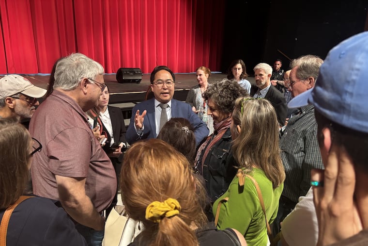 Sen. Andy Kim speaking with town hall attendees at Cherry Hill East High School on Tuesday, April 22.
