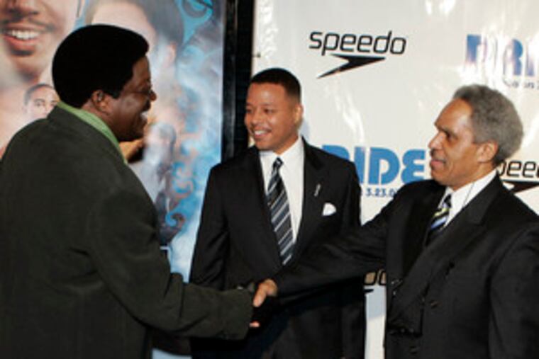 Actors Bernie Mac (left), Terrence Howard, greeted by Mayor Street at Prince Music Theater. The movie is about swim coach Jim Ellis.