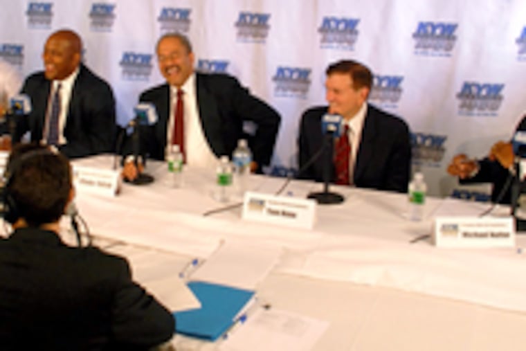 Prior to their first live broadcast debate, the big-five Democratic mayoral candidates were all smiles. At the KYW studio are from left: Bob Brady, Dwight Evans, Chaka Fattah, Tom Knox and Michael Nutter.