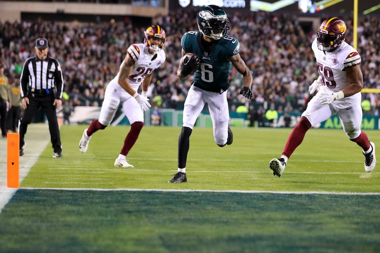 Philadelphia Eagles wide receiver DeVonta Smith runs into the end zone for a touchdown as the Eagles play the Commanders at Lincoln Financial Field on Monday, Nov. 14, 2022, in Philadelphia.