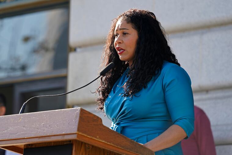 San Francisco Mayor London Breed speaks during a briefing outside City Hall in San Francisco in 2021.