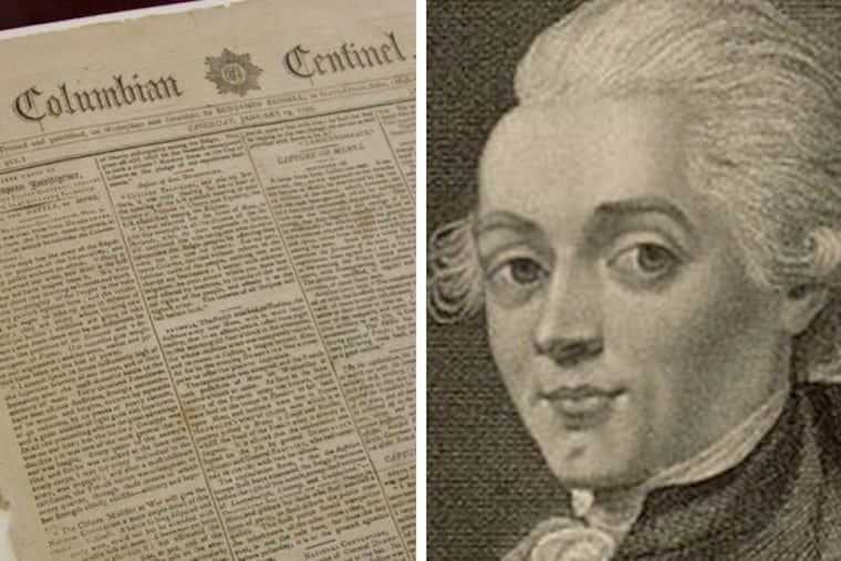 A copy of a 1793 newspaper that includes an article about Jean-Pierre Blanchard’s historic balloon flight from Philadelphia to New Jersey.