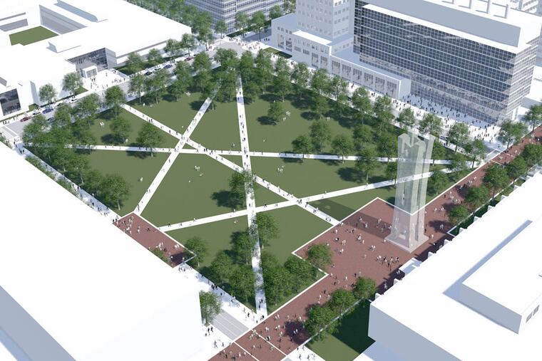 Rendering of new Temple Expanded Quad - a new block-long green campus area next to where Bell Tower is now.