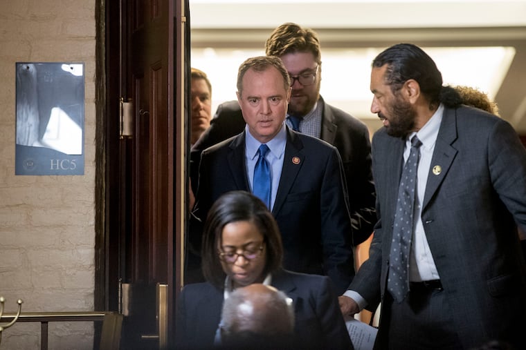 Intelligence Committee Chairman Adam Schiff, of Calif., leaves a House Democratic meeting in the U.S. Capitol Building on Capitol Hill in Washington, Monday, March 25, 2019. (AP Photo/Andrew Harnik)