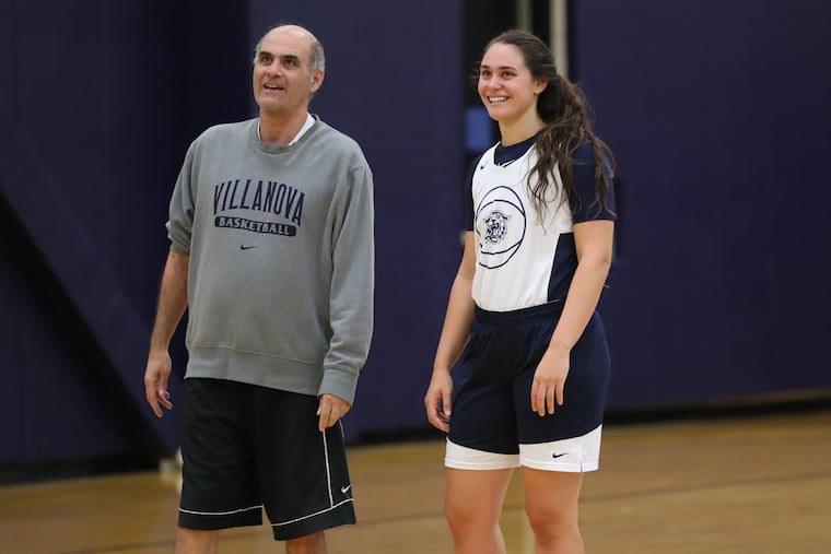 Villanova women's basketball player Mary Gedaka, right, with coach Harry Perretta.