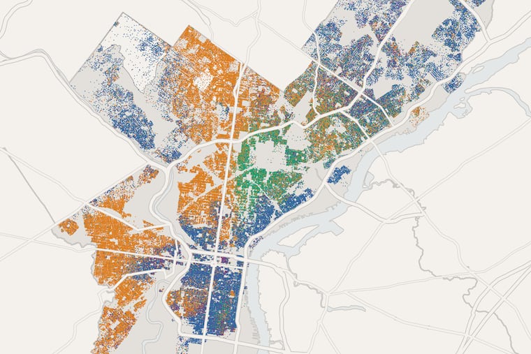 A map of Philadelphia showing where people of various races reside. Each dot represents 10 people.