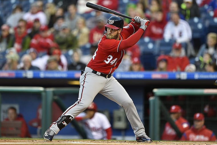 Washington Nationals’ Bryce Harper in action during a baseball game against the Philadelphia Phillies, Saturday, April 8, 2017, in Philadelphia.