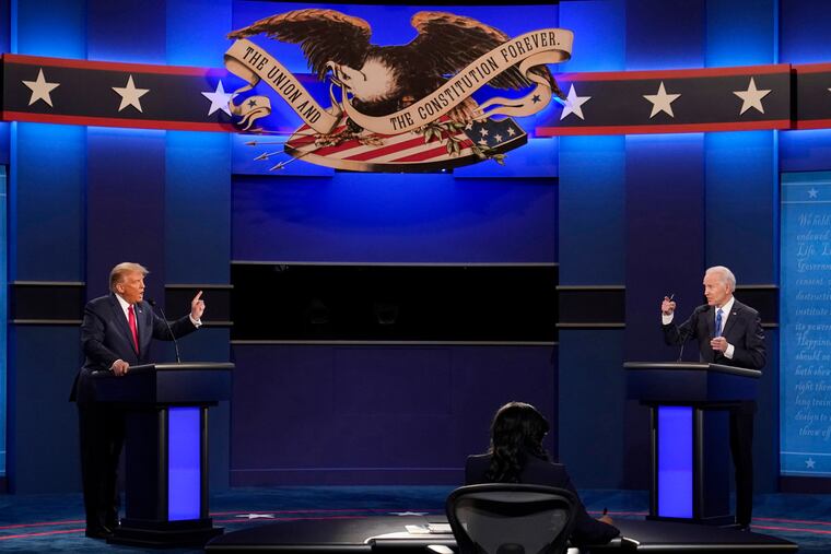 President Donald Trump, left, and Democratic presidential candidate former Vice President Joe Biden speak during the debate in Nashville, Tenn. on Oct. 22, 2020. The clash between President Biden and former President Trump on Thursday, June 27, 2024, may be the most consequential presidential debate in decades. (AP Photo/Patrick Semansky, File)