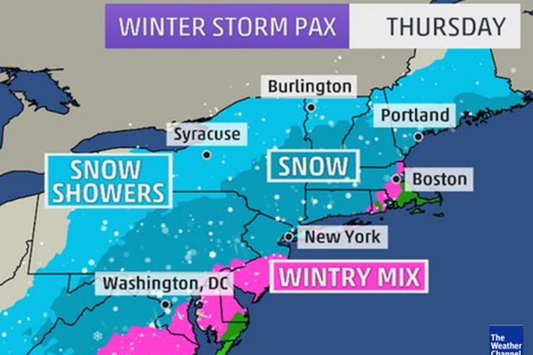 The snow will arrive in the Philadelphia region between 8 and 10 p.m. on Wednesday. (www.weather.com and Weather Underground)