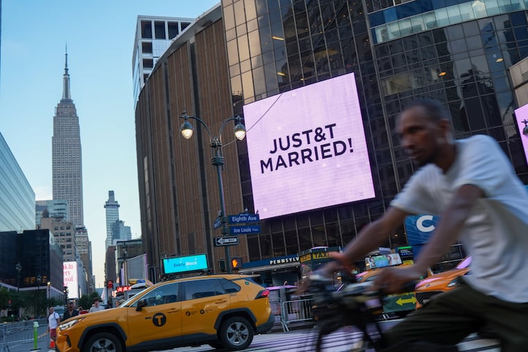 A "Just Married" sign is displayed on Madison Square Garden during the wedding of singer Taylor Swift and National Football League player Travis Kelce on Friday, July 3, 2026, in New York.