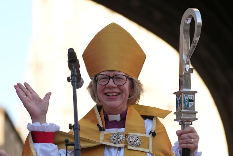 FILE - Sarah Mullally speaks to the public after the Enthronement Ceremony installing her as archbishop of Canterbury in Canterbury, England, Wednesday, March 25, 2026, the first woman ever to lead the Church of England.