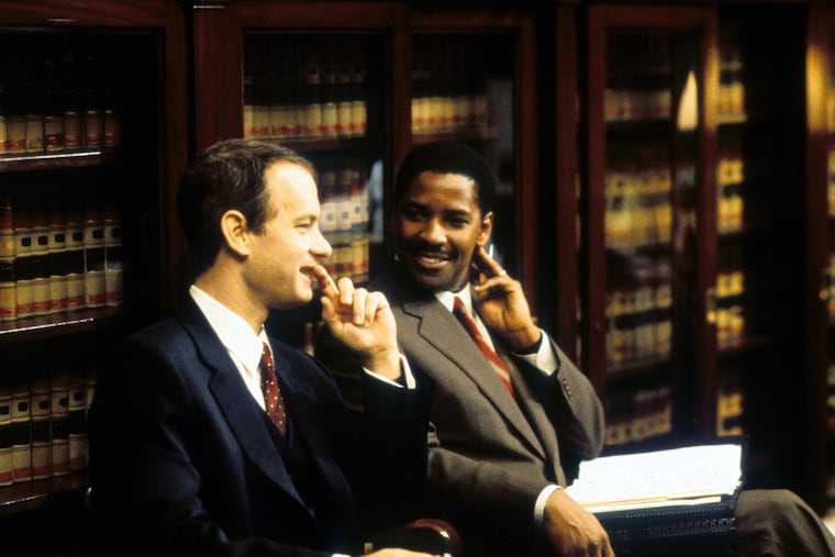 Tom Hanks and Denzel Washington in a scene from the 1993 film 'Philadelphia.'
