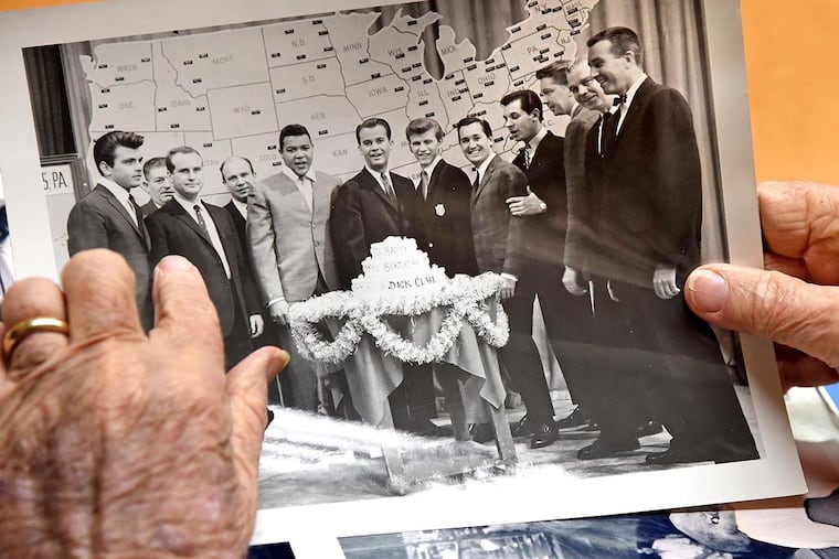 Klein points to himself in a picture taken on the set of "American Bandstand" while celebrating Dick Clark's 30th birthday. Clark is joined by Fabian, Chubby Checker, Bobby Rydell, and Neil Sedaka, among others.