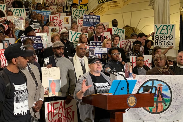 Lorraine Haw, known as Mrs. Dee Dee (center), addresses a crowd in Harrisburg at the "Rally to End Death By Incarceration and Heal Our Communities" in October, 2019. She is the subject of a new documentary by the Amistad Law Project about the fight to end life without parole sentencing in Pennsylvania. Her son, Phillip Ocampo, is currently serving a life-without-parole sentence.