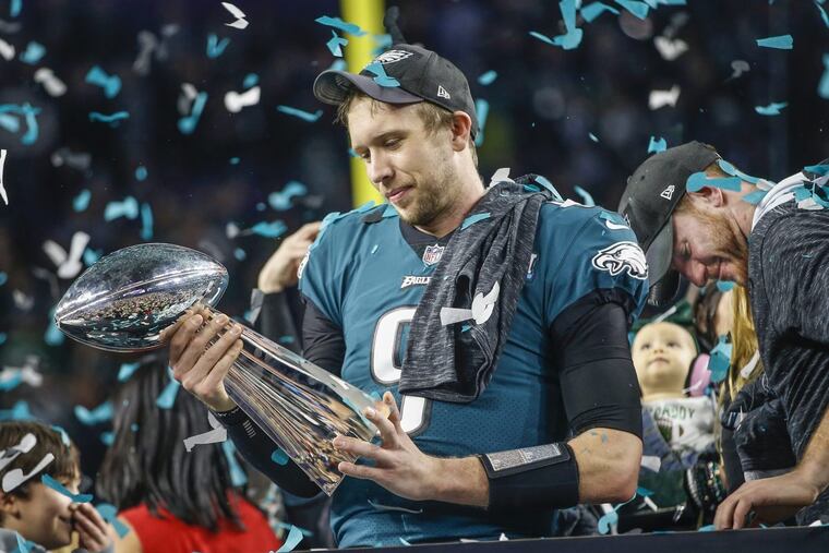 Nick Foles with the Vince Lombardi Trophy in Minneapolis. Foles discusses his Super Bowl win on “Ellen” Tuesday.