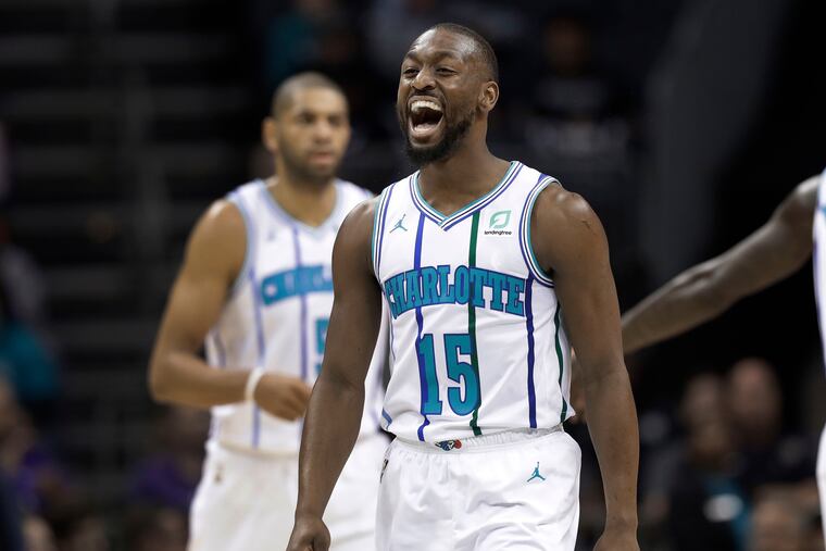 The Hornets' Kemba Walker (15) is averaging 40.2 points against the 76ers this season.