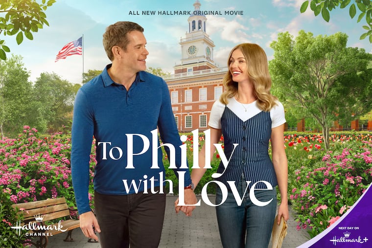 A promotional image for "To Philly with Love," a new Hallmark Channel movie set in Philadelphia starring Stephen Huszar and Rebecca Dalton.
