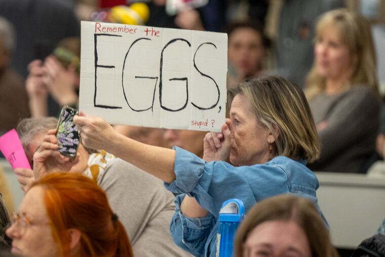 A participant at a GOP town hall meeting in Salt Lake City earlier this month with Reps. Celeste Maloy and Mike Kennedy, both of Utah.