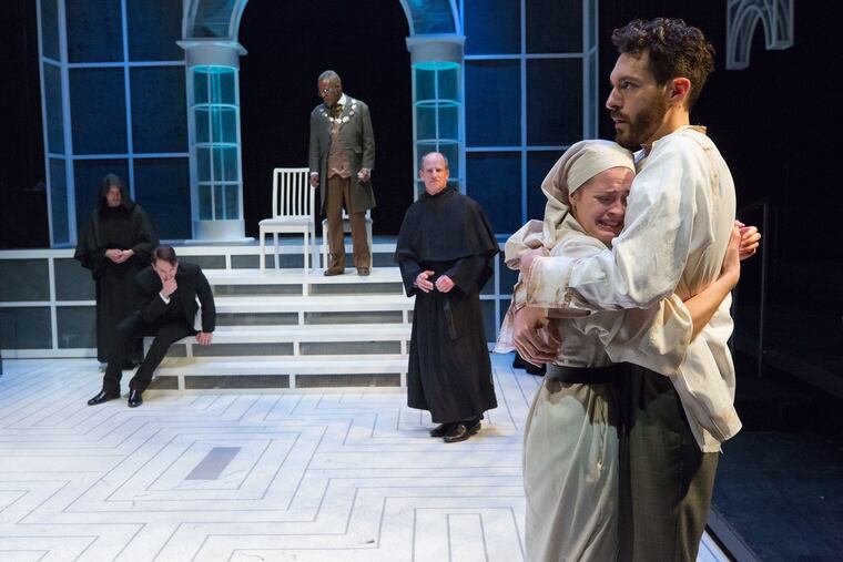 (Left to right:) Adam Hammet, Ben Dibble, Kirk Wendell Brown, Anthony Lawton, Claire Inie-Richards, and Chris Anthony in "Measure for Measure," through April 21 at the Lantern Theater Company.