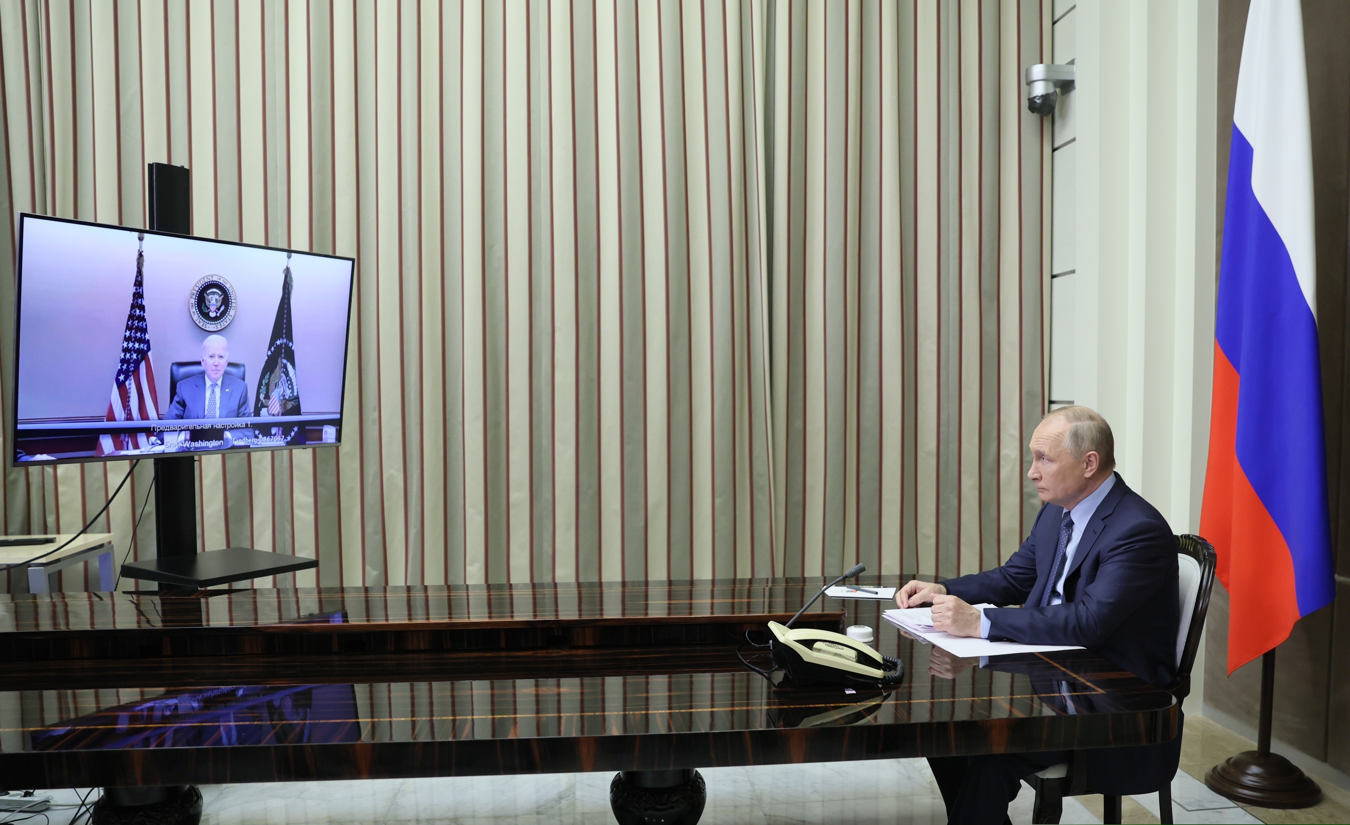 Russian President Vladimir Putin during his talks with U.S. President Joe Biden via videoconference in Sochi, Russia on Tuesday, Dec. 7, 2021.