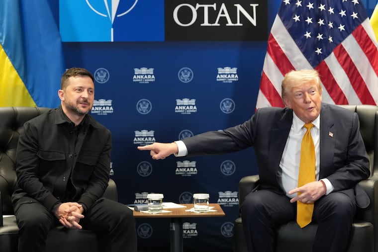 U.S. President Donald Trump meets with Ukraine's President Volodymyr Zelenskyy on the sidelines of the NATO summit in Ankara, Turkey, Wednesday, July 8, 2026.