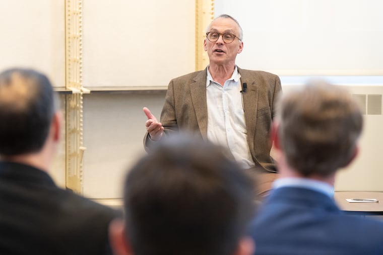 Michael Roth, president of Wesleyan University, addresses a packed audience at the University of Pennsylvania Thursday.