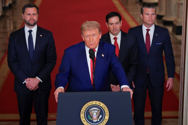 President Donald Trump (front) speaks at the White House Saturday night. Behind him are (from left) Vice President JD Vance, Secretary of State Marco Rubio, and Defense Secretary Pete Hegseth.