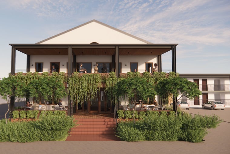 A rendering depicts the proposed exterior of Opus, a new restaurant and cocktail lounge slated for Kennett Square in the summer. Opus is a new initiative for Square Roots Collective, which owns several businesses in Chester County that fund the organization's nonprofit efforts.