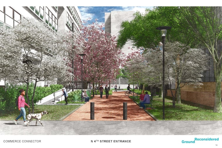 Rendering of a new connector planned in Old City that would take visitors leaving Independence Visitors' Center through unmarked Wistar Alley, which is parallel to Market Street. Visitors would then cross Market Street, continue through Franklin Court, and end at Carpenters Hall. From there, they would be able to connect to the rest of Independence National Historical Park.