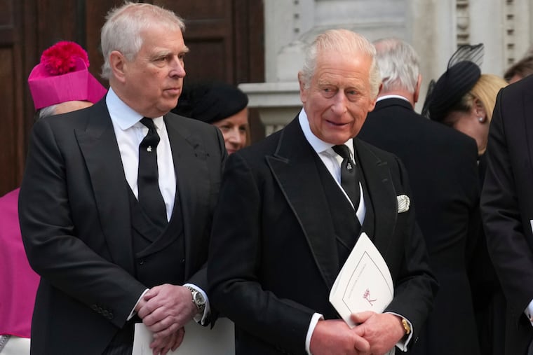 FILE - Britain's Prince Andrew, left, and Britain's King Charles III leave after the Requiem Mass service for the Duchess of Kent at Westminster Cathedral in London, Tuesday, Sept. 16, 2025. (AP Photo/Joanna Chan, File)