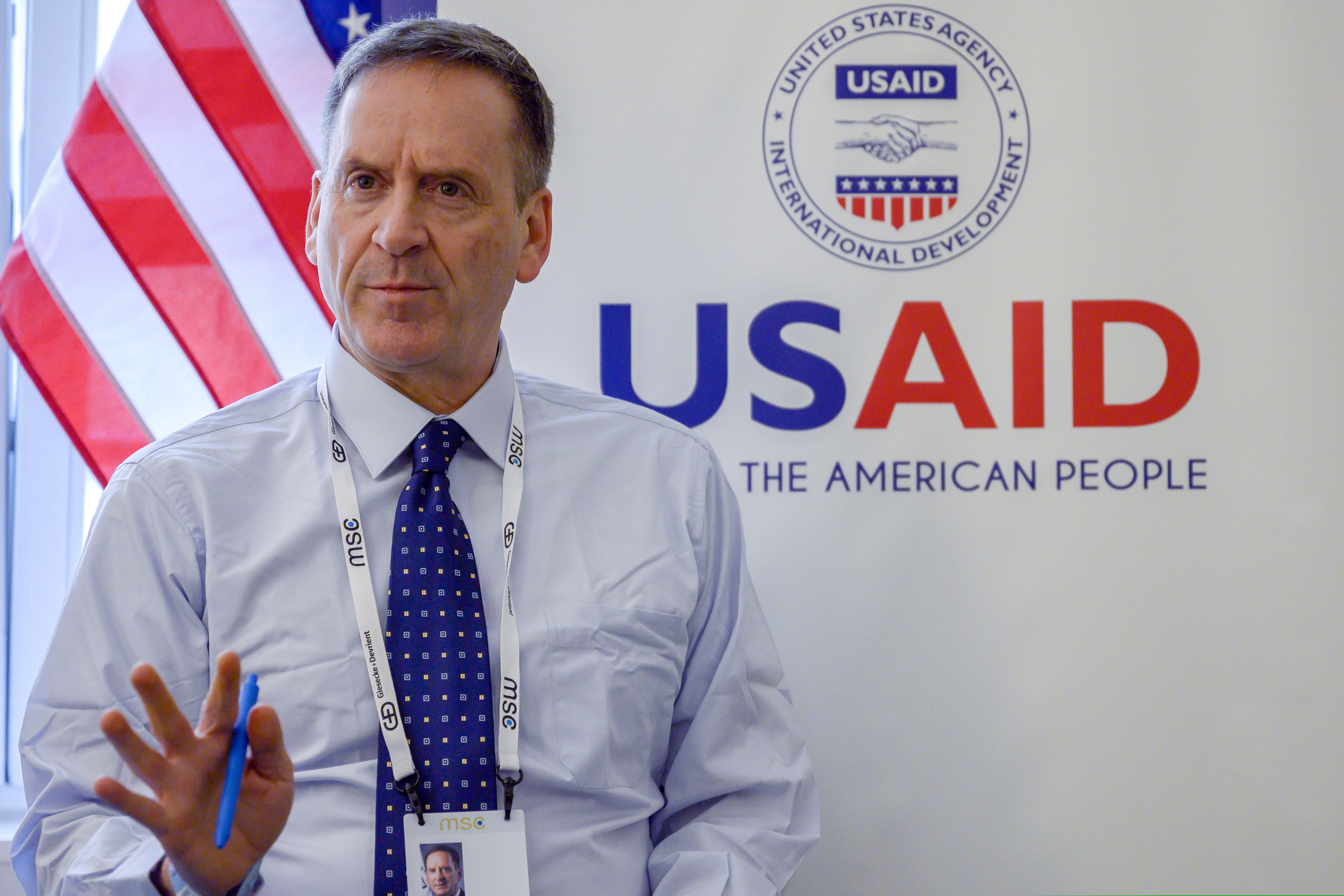 United States Agency for International Development (USAID) administrator Mark Green speaks to members of the press during a briefing at the Munich Security conference in Munich Germany.