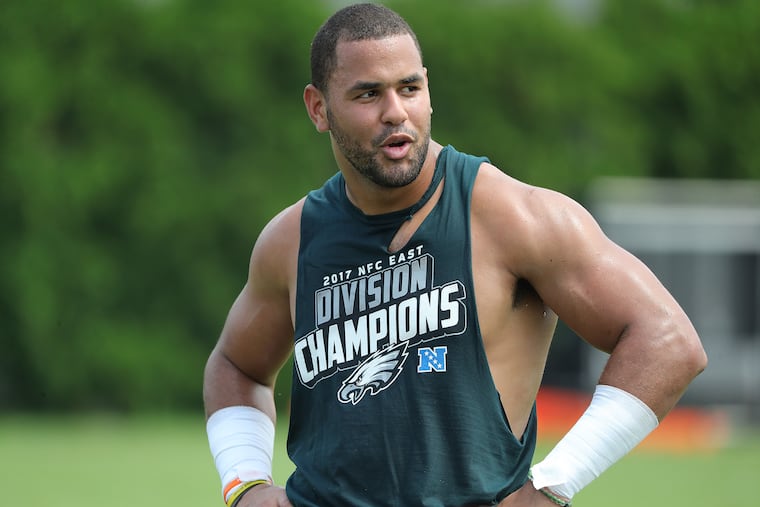 Eagles' Kamu Grugier-Hill walks off the field after Philadelphia Eagles training camp at the NovaCare Complex on July 27, 2018 in Philadelphia, PA. DAVID MAIALETTI / Staff Photographer