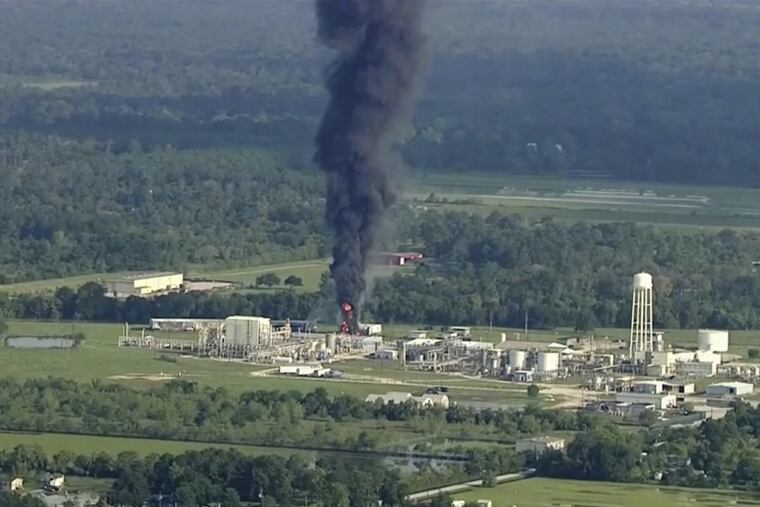 Thick black smoke and orange flames rise from Arkema Americas’ chemical plant in Crosby, Texas, near Houston Sept. 1. Two trailers of organic peroxides blew up a day earlier after losing refrigeration because of Harvey’s floodwaters.