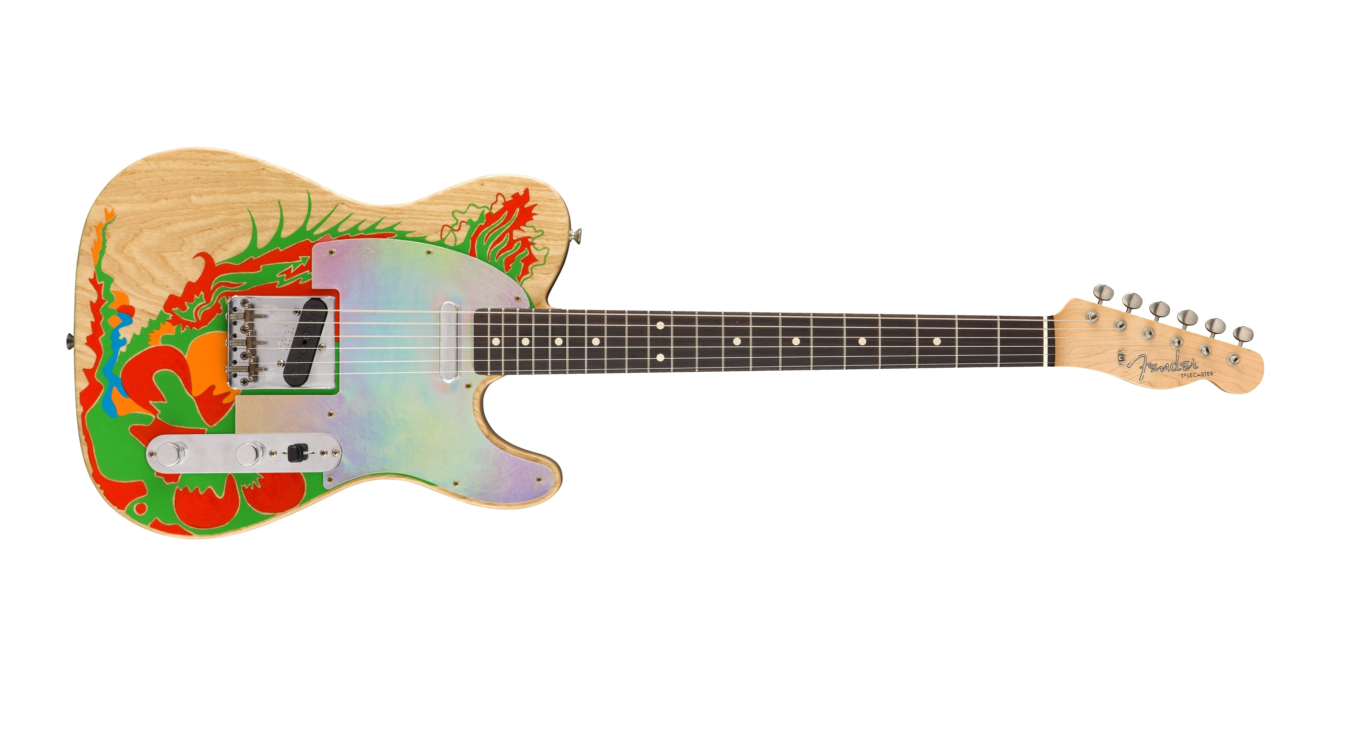 This image released by Fender shows a recreation of a Telecaster guitar that Jimmy Page once painted with a dragon, a long-lost piece of six-string history that marked the guitar hero’s last days in the Yardbirds and first days in Led Zeppelin. Fender craftsman Paul Waller, who worked with Page to reboot the dragon, says it represents “a pivotal moment for the guitar and for music.”