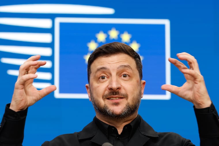 Ukrainian President Volodymyr Zelensky speaks during a news conference at the EU Summit in Brussels, Belgium, on Dec. 18.