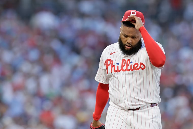 Phillies pitcher José Alvarado comes off the mound after giving up a homerun in the seventh inning of the New York Yankees at Philadelphia Phillies MLB baseball game at Citizens Bank Park in Philadelphia on Saturday, July 25, 2026.