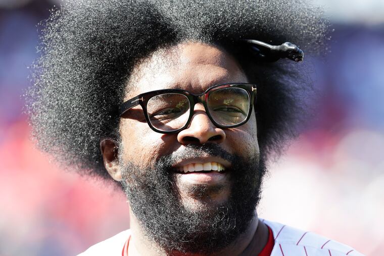 Questlove before throwing the ceremonial first pitch before the Phillies played their 2019 season opener against the Atlanta Braves. The Roots' drummer is the frontrunner to win best documentary for 'Summer of Soul.'