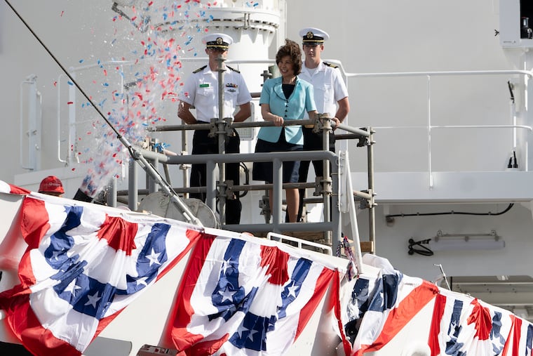 Elaine Chao christens the NSMV State of Maine at the Hanwha Philly Shipyard during a christening ceremony on Tuesday, Aug. 26, 2025, in Philadelphia. The event marked a milestone in U.S.–South Korea shipbuilding collaboration and the revitalization of American maritime infrastructure.