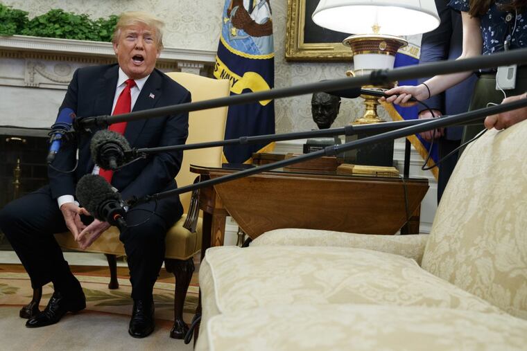 President Trump speaks during a meeting with NATO Secretary General Jens Stoltenberg in the Oval Office of the White House, Thursday, May 17, 2018, in Washington.