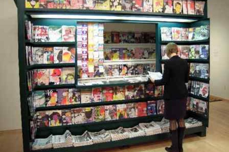 Francesc Ruiz's "Newsstand" is at Temple Gallery as part of Philagrafika 2010's "The Graphic Unconscious." Ruiz designed the newspapers' humorous front pages.