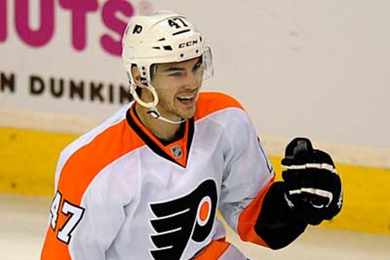 Flyers winger Eric Wellwood scored the game's lone goal. (Nick Wass/AP)