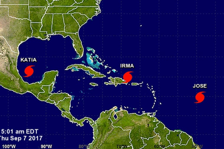 The positions of Hurricanes Katia, Irma, and Jose at 5:01 a.m. on Thursday, Sept. 7, 2017.