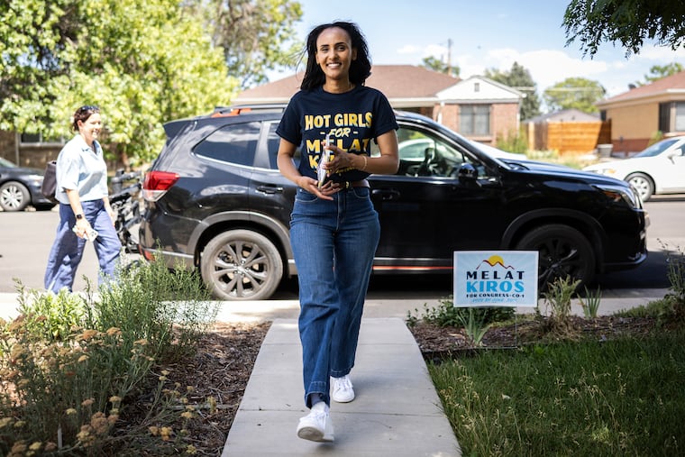 Melat Kiros, who is running for Congress and hopes to defeat Rep. Diana DeGette (D-Colo.), who was elected to her Denver-area seat a year before Kiros was born, canvasses in Denver, June 27, 2026. Kiros is one of several Gen Z candidates this year fueled by the generational frustrations of their pandemic-marred youth, social media-fueled isolation, artificial intelligence and the war in Gaza.