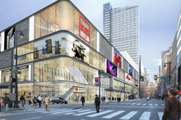 Developers have a grand vision for a new Market East, including an Apple Store-like revamp of the Girard Square building at 11th and Market. (Rendering / SSH Real Estate)