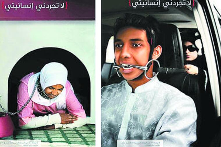 Images from the public- service campaign show an Indian driver with a bit in his mouthand an Ethiopian maidkneeling ina doghouse.