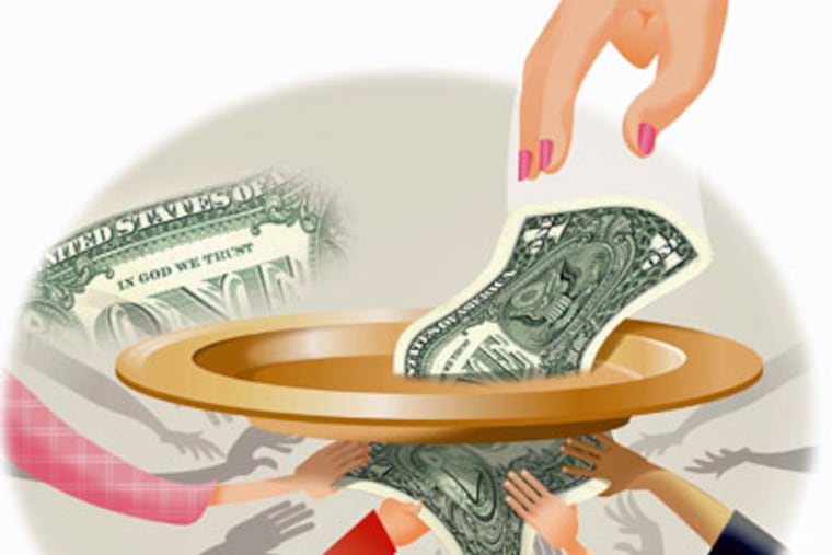 Laurie McAdam color illustration of one hand placing dollar bill into church offering-plate and many hands grabbing from underneath.