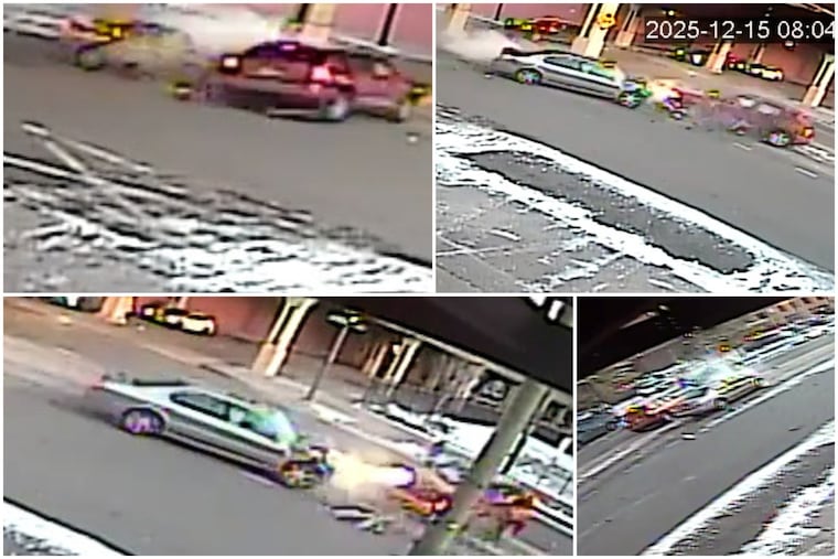 Surveillance cameras outside Girard Beer Distributor captured the moment when, police say, Joseph Cini, fleeing Philadelphia Sheriff’s Office deputies in his Nissan Maxima, collided with a red Jeep at 9th Street and Girard Avenue, seriously injuring an Uber driver and killing his passenger.