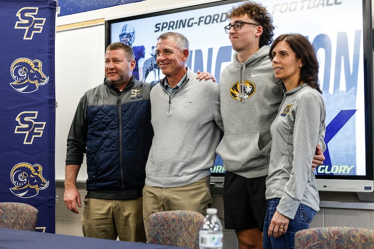 Spring-Ford quarterback Matt Zollers has committed to Missouri. Zollers joined Rams coach Chad Brubaker (left) and his parents, Pete and Beth, when he committed in April.